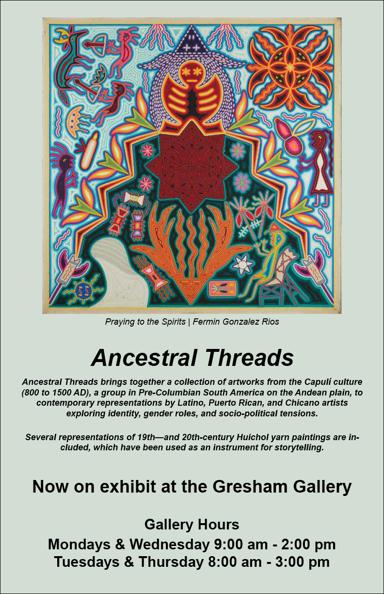 Huichol yarn painting accompanying flyer for Ancestral Threads exhibition info