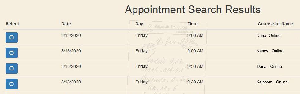 appointment search results