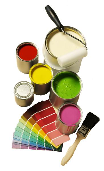paint cans, swatches, brushes in bright colors