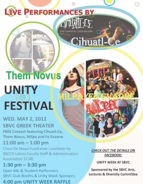 Unity Festival Flyer for Wednesday, May 2, 2012 at 11:00 a.m. in SBVC Greek Theatre