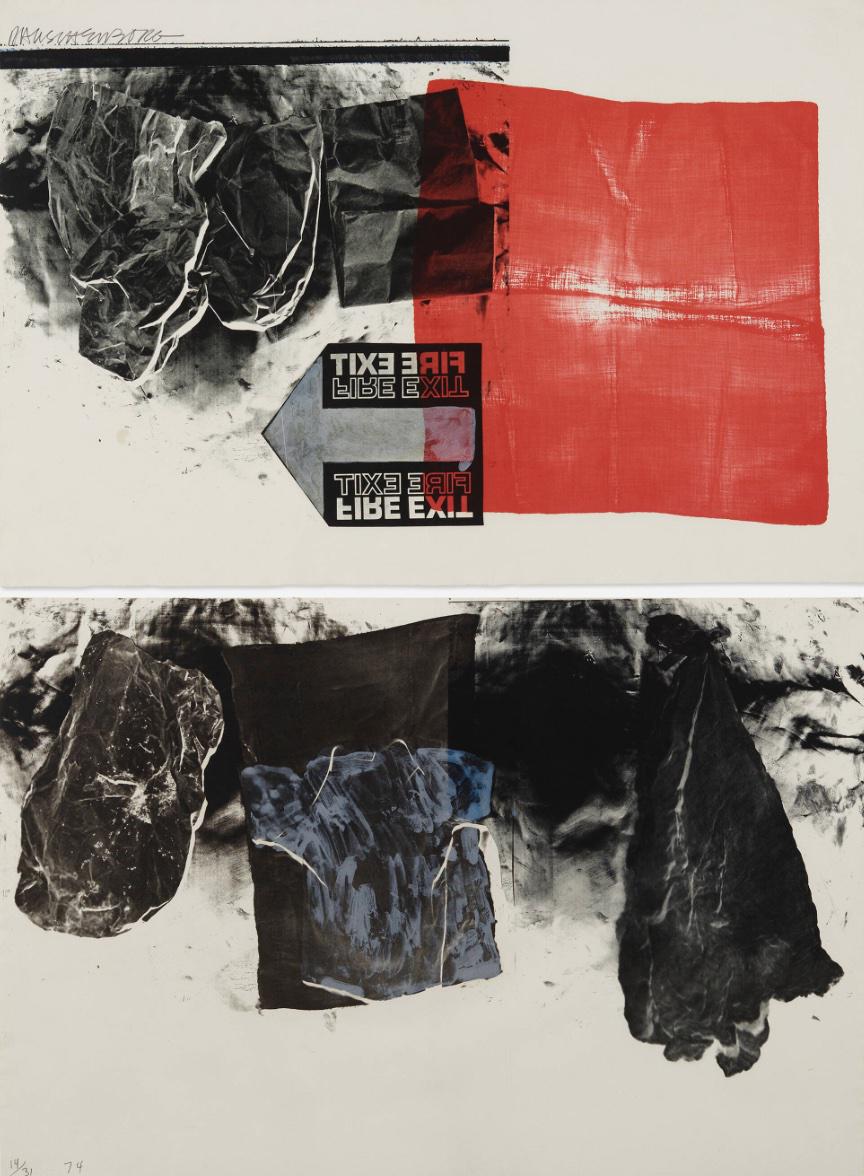 Abstract art that has the words FIRE EXIT manipulated by Robert Rauschenberg