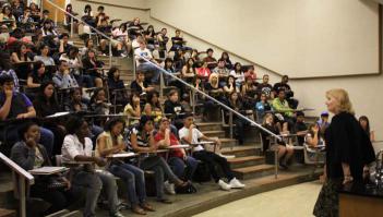 SBVC President Dr. Debra Daniels welcomes new Valley-Bound Commitment students during their first day on campus in July.