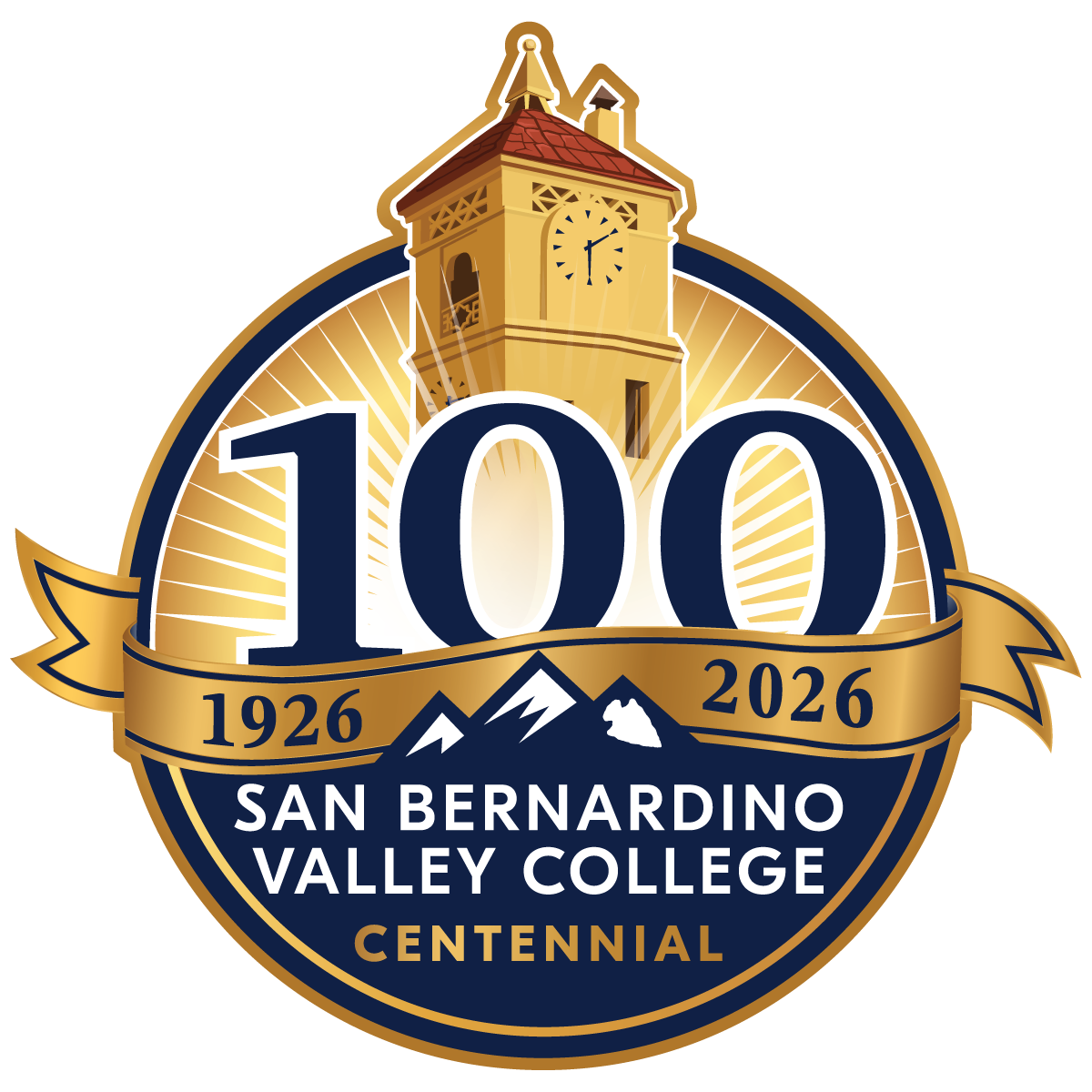 Centennial logo with a large 100 over the SBVC clock tower, 1926–2026 on a gold ribbon, and San Bernardino Valley College with mountains.