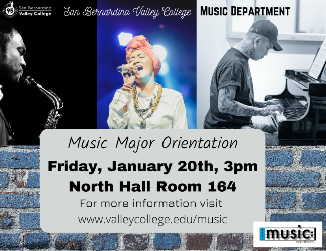 Music Major Orientation Spring 2023 on Friday, 1/20/23 at 3pm in NH 164