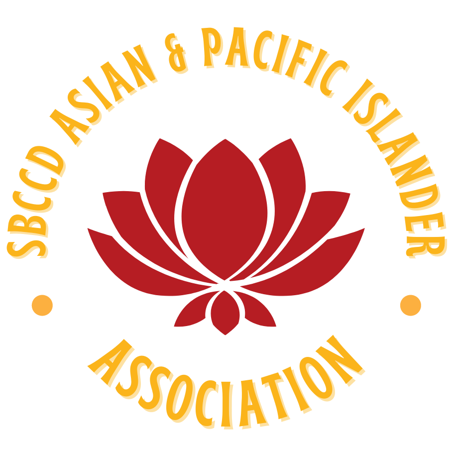 Asian American and Pacific Islander Logo. A red lotus with the words in gold SBCCD ASian & Pacific Islander Association surrounding it.