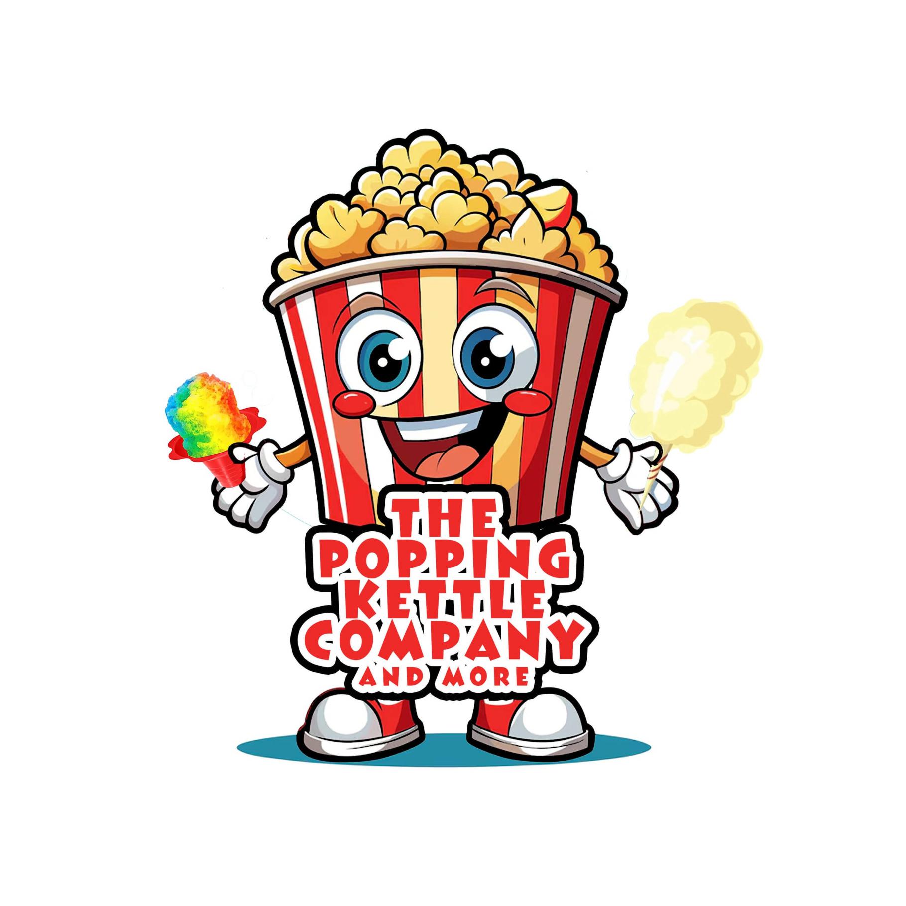 Logo for The Popping Kettle Company and More featuring a smiling cartoon popcorn bucket holding colorful treats with the business name below.