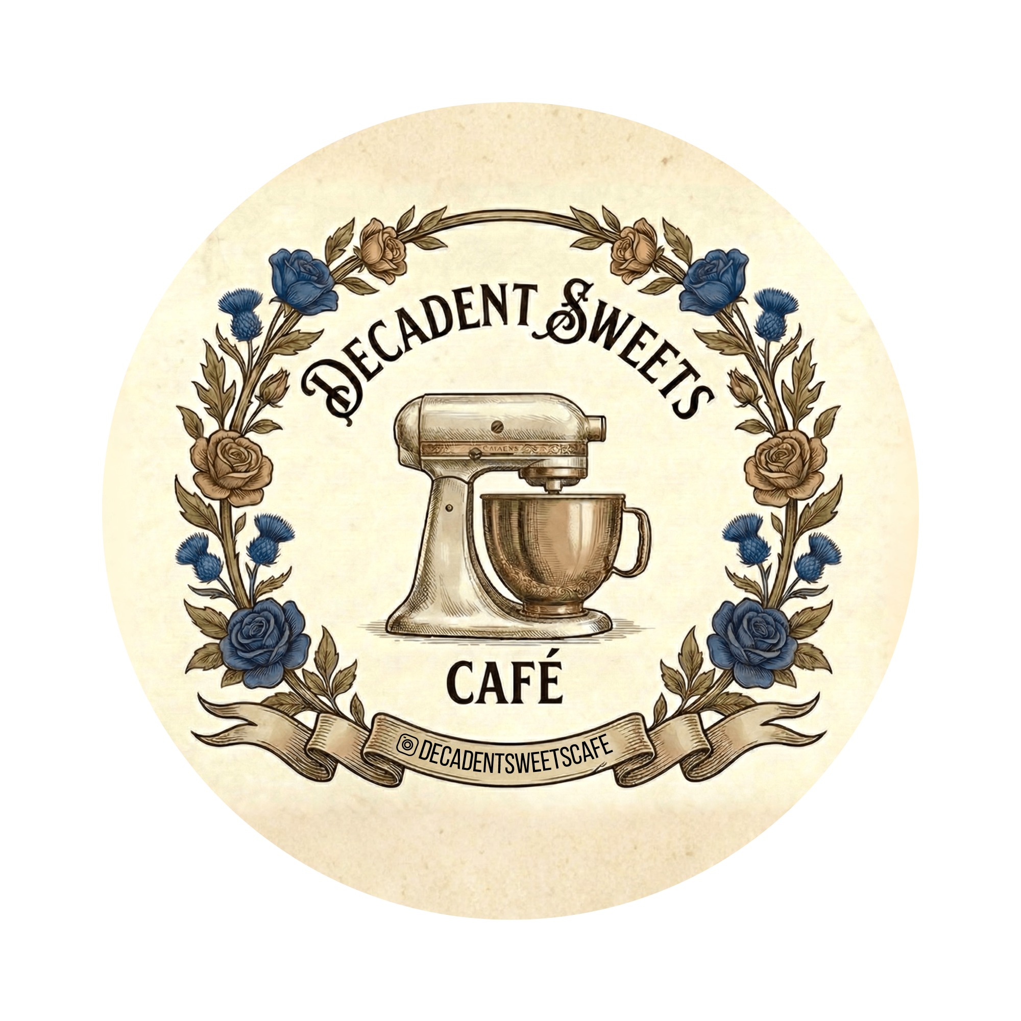 Logo for Decadent Sweets Café featuring a vintage stand mixer surrounded by a floral wreath and decorative ribbon.