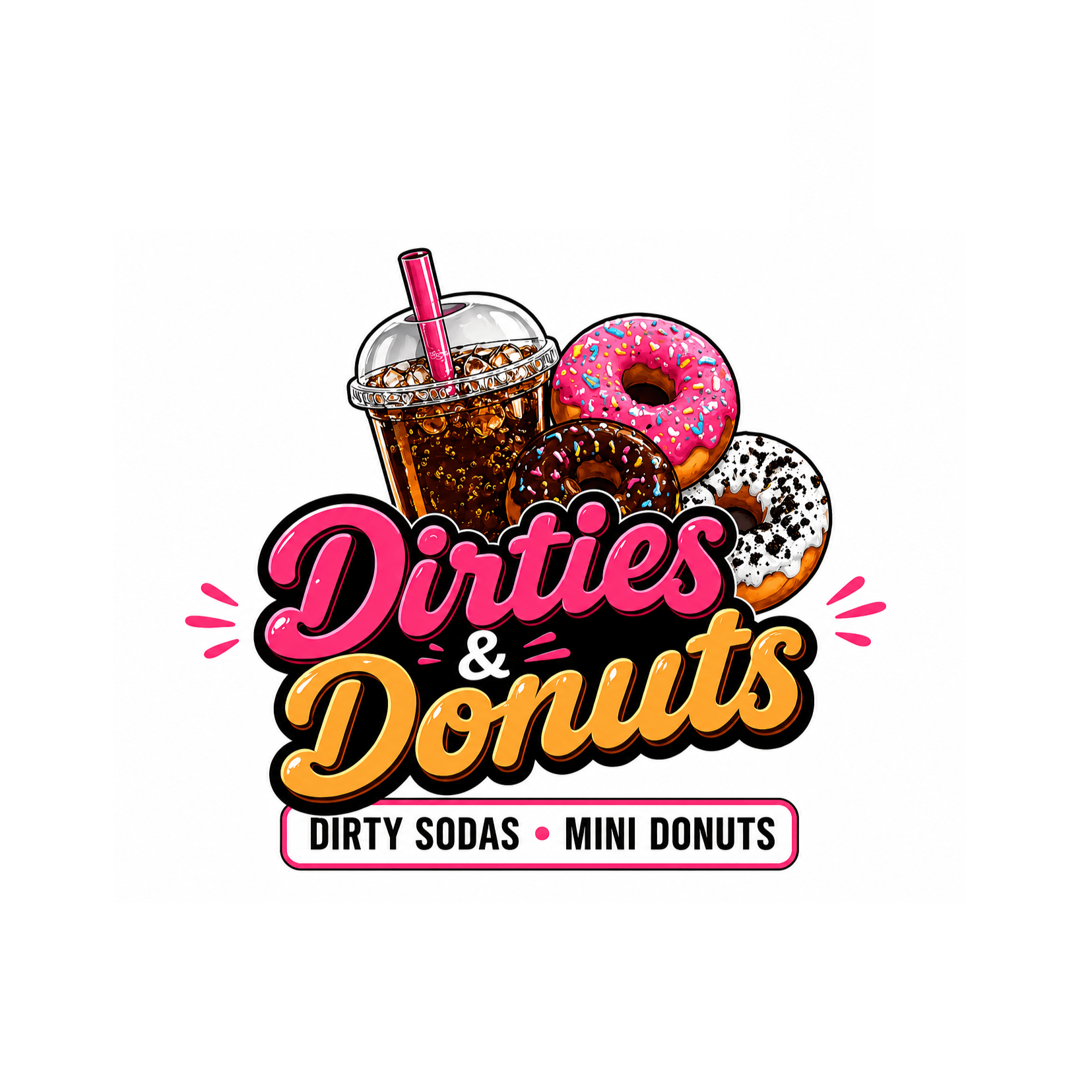 Logo for Dirties & Donuts featuring colorful lettering with donuts and a soda drink above the business name.