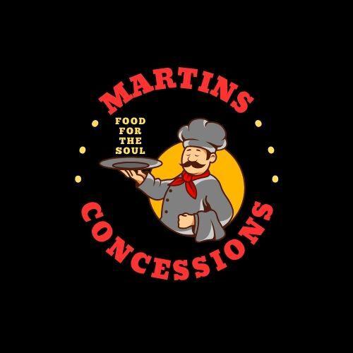 Logo for Martins Concessions featuring a cartoon chef holding a serving tray with the slogan "Food for the Soul."