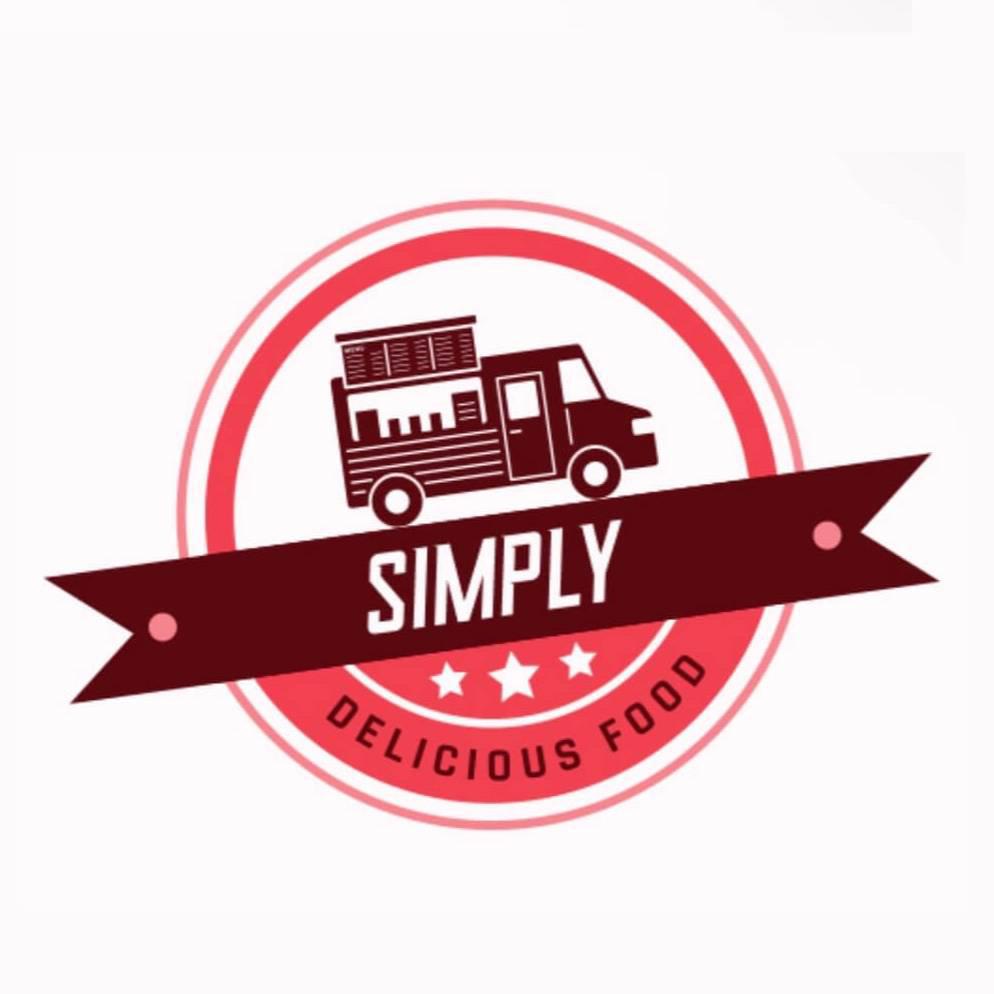 Logo for Simply Delicious Food featuring a food truck inside a circular badge with a banner displaying the word "Simply."