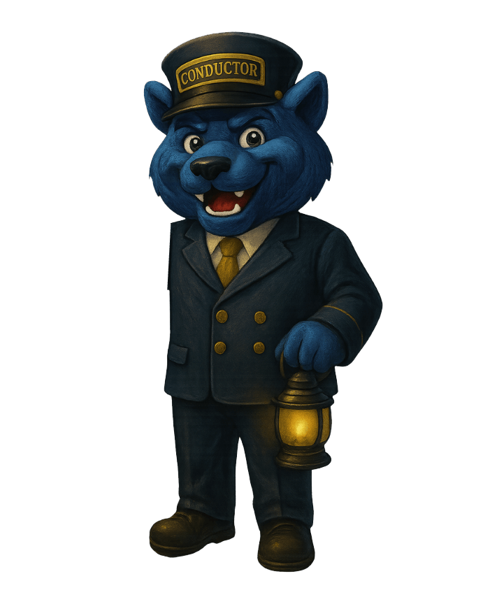 Blue the Wolverine wearing a Polar Express conductor outfit, waving with one hand and holding a lantern in the other.