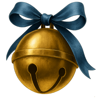 A gold bell with a blue ribbon bow