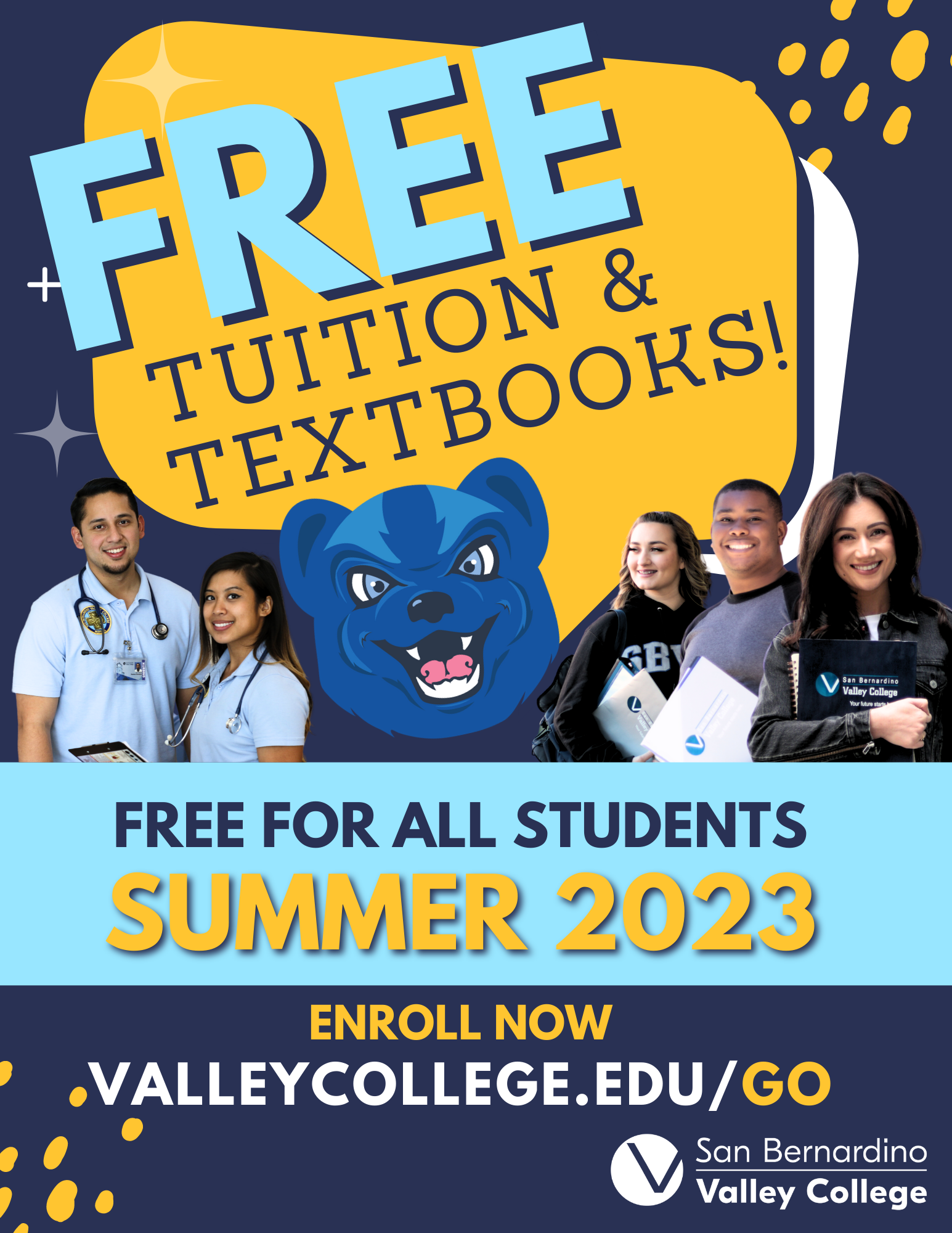 A flyer for free tuition with smiling students and blue