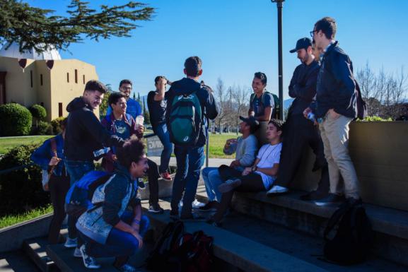 Students hang out in the historic Greek Theatre during a break between classes 