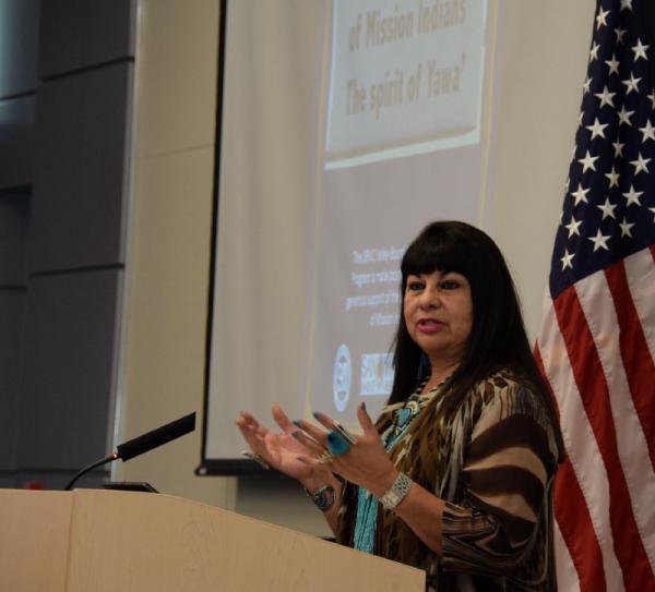 Chairwoman Lynn Valbuena of the San Manuel Band of Mission Indians speaks during the Valley-Bound Luncheon on March 10.