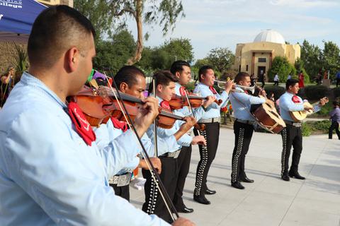 Members from a mariachi band playing violin in a line
