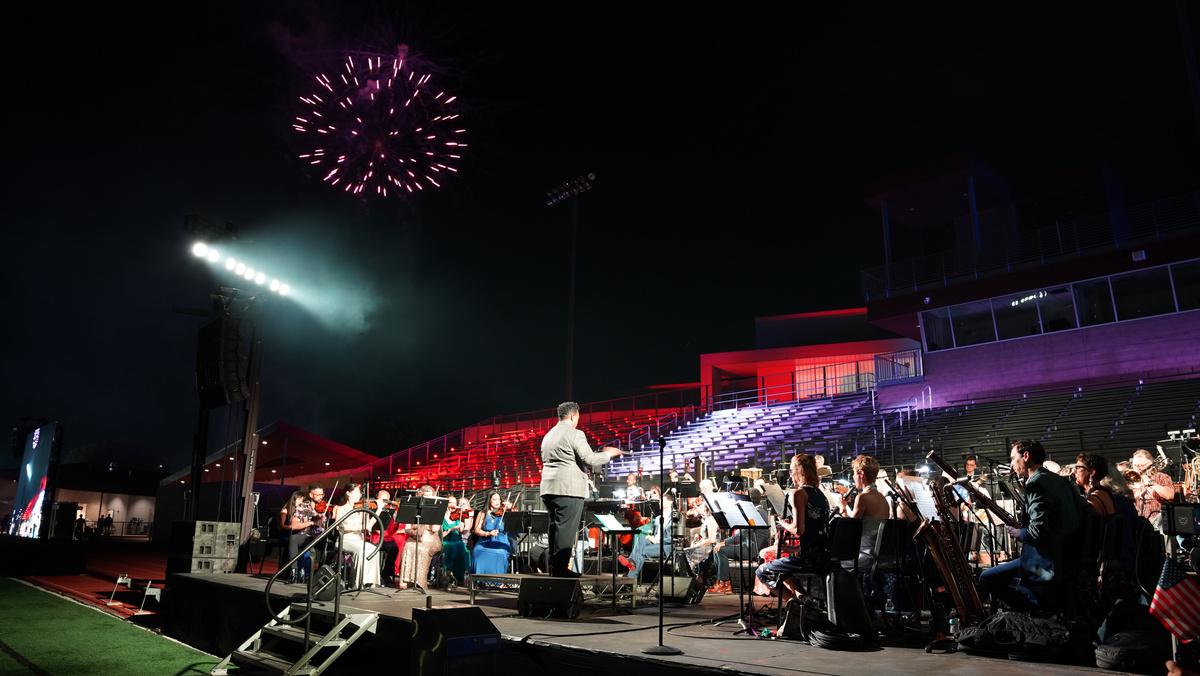 San Bernardino Symphony playing under fireworks