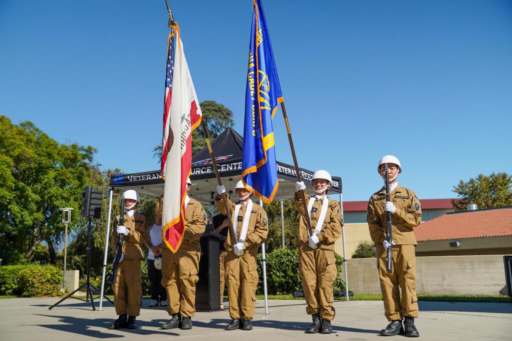 Cadets from Del Vallejo Leadership and STEAM Academy in San Bernardino presenting the colors and performing drills