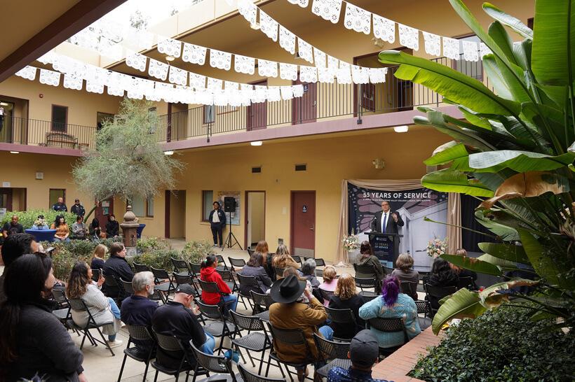 President Contreras speaking in the courtyard of the Liberal Arts Building
