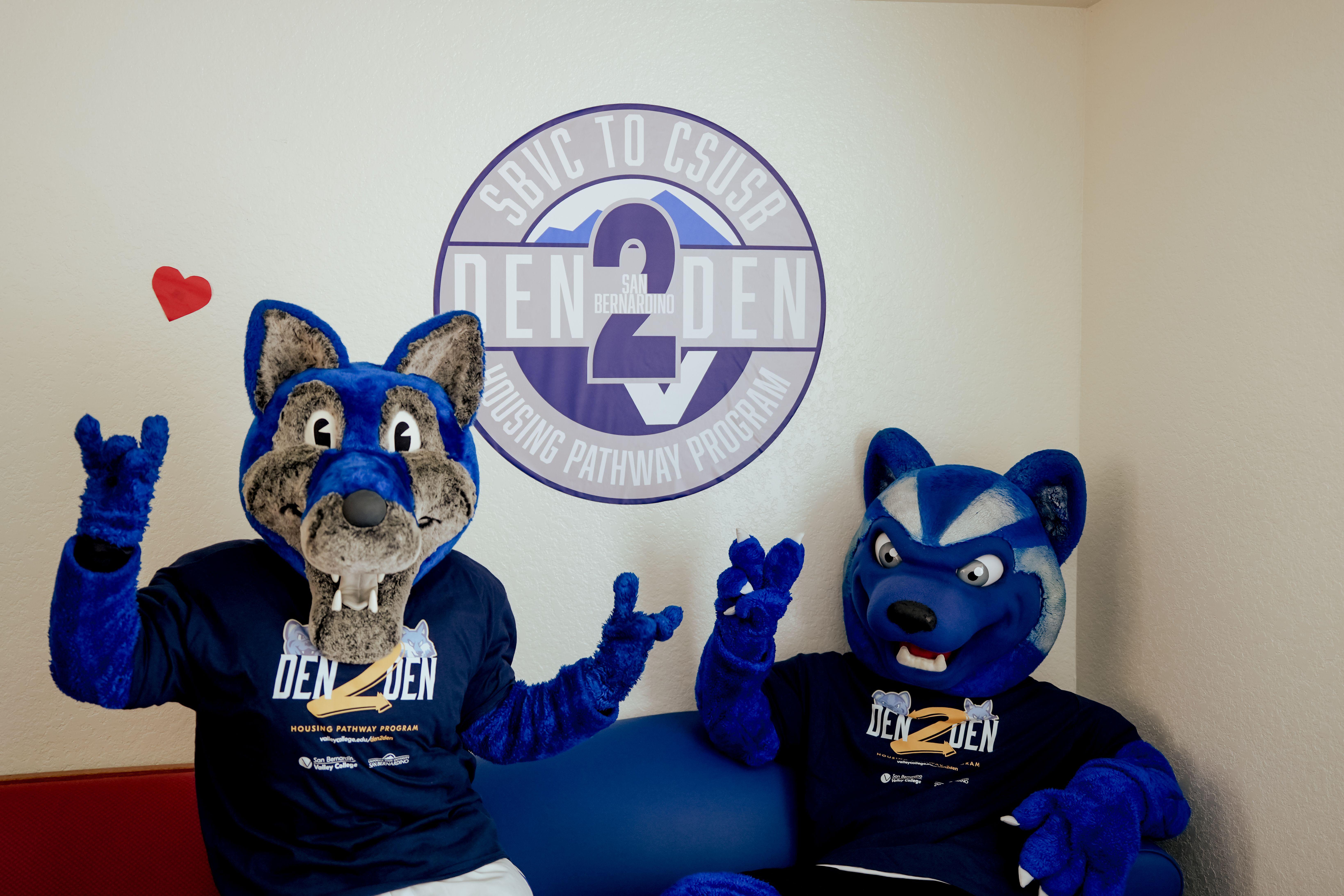 Cal State San Bernardino and San Bernardino Valley College mascots pose together at an event