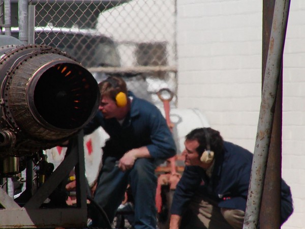 Students examine the run up of a J-34 jet engine in the Aeronautics Department at SBVC