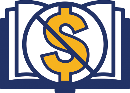 An open book with a dollar sign with a line through it. This is the icon shown for zero textbook cost sections.
